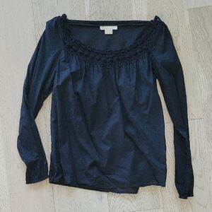 Black Long-Sleeve Scoop Neck Top with Crochet Trim